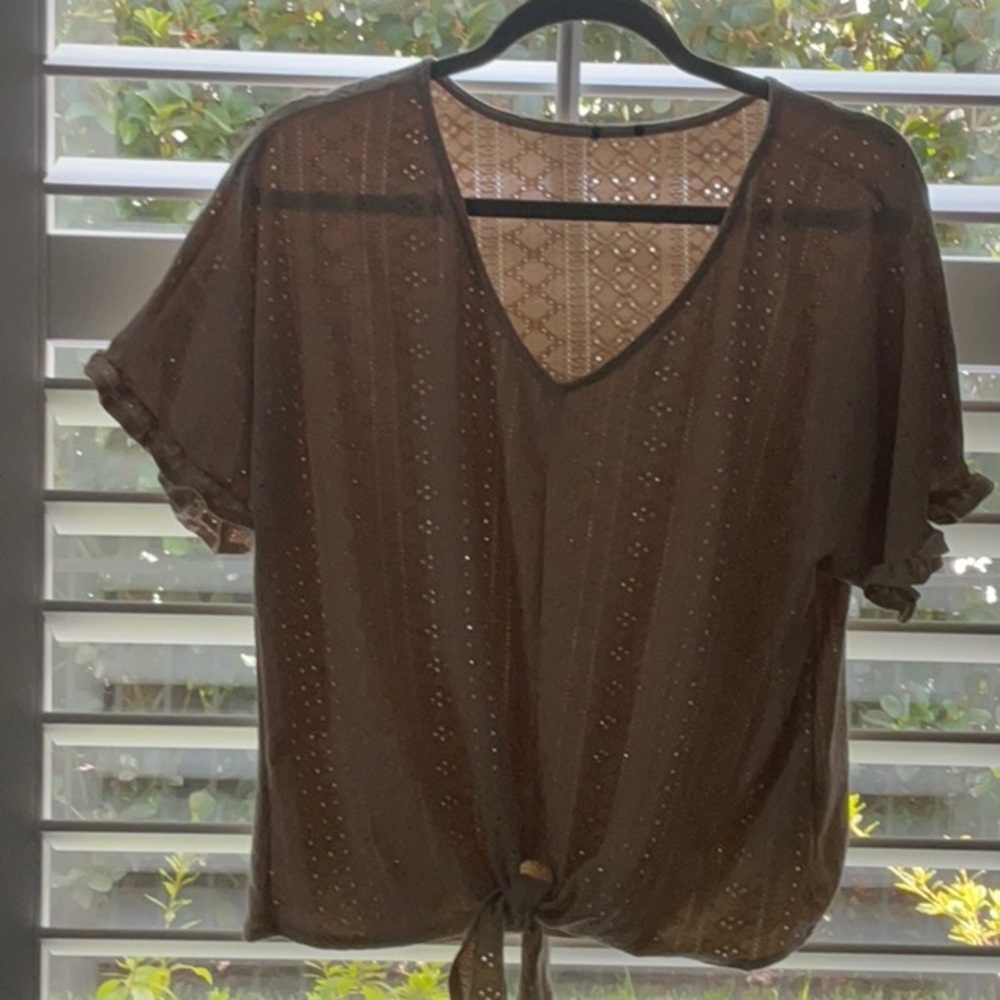 Brown Eyelet Tie-Front Top